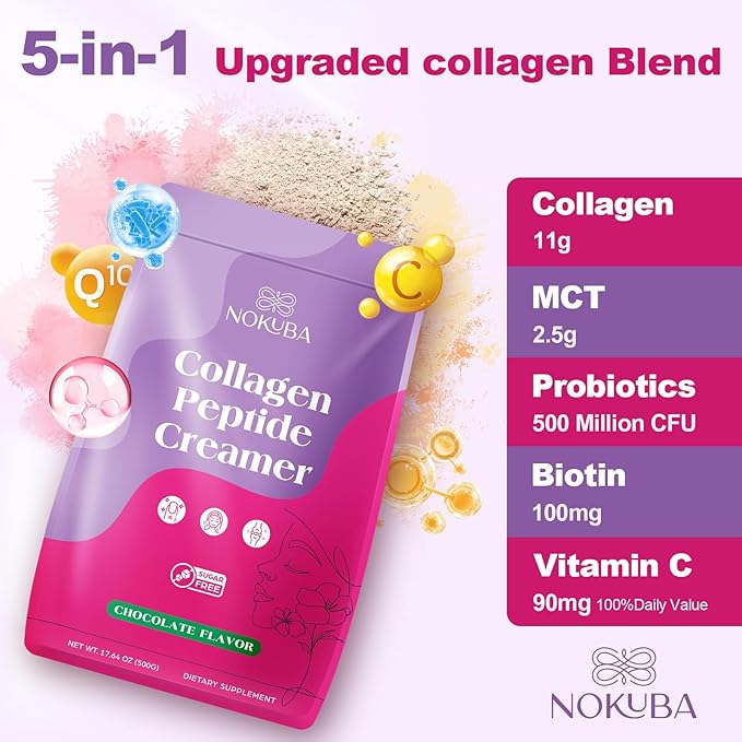 Collagen Protein Coffee Creamer Powder, Marine Collagen Peptides with Coconut Mct Oil for Hair Skin & Nails Support, Non Dairy, Sugar Free, Keto Friendly, Chocolate Flavor, 500g (20 Servings)
