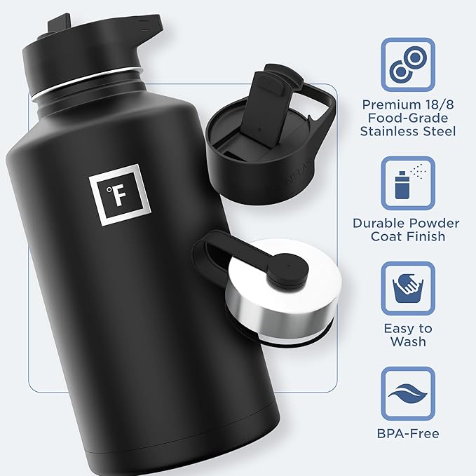 IRON °FLASK Camping & Hiking Hydration Flask with 3 Lids - Stainless Steel, Double Walled & Vacuum Insulated Water Bottle - Leak Proof & BPA Free (Blue Waves, Straw - 64 oz)