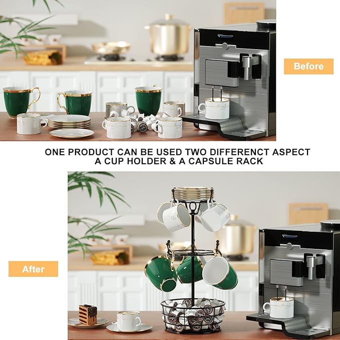 Visentor Rotatable Metal Coffee Mug Rack - 3 Tier Holder with 10 Hooks, Cup Pods & Saucer Basket for Bar Kitchen Counter - Black