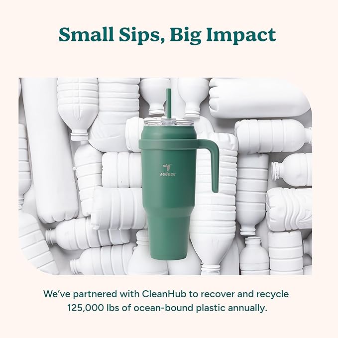 REDUCE 50 oz Stainless Steel Tumbler with Handle - Dual-Wall Vacuum Insulated Travel Mug, Sweat-Proof Lid & Reusable Straw - Keeps Drinks Cold for 24 Hrs, Fits Cupholders, Dishwasher Safe - Pink Clay