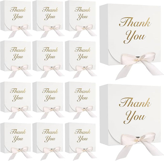 VGOODALL 20PCS Thank You Gift Boxes, 4.5x4.5x1.9Inches Mini Party Favor Boxes White Treat Bags with Bow Ribbon for Wedding Bridal Baby Shower Birthday Party