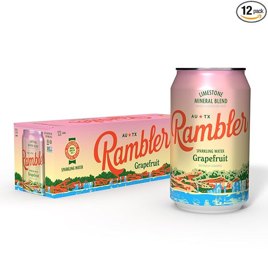 AUTX RAMBLER Sparkling Water, Texas Limestone Mineral Blend, Grapefruit Flavor, 12-Ounce Cans, 12-Pack