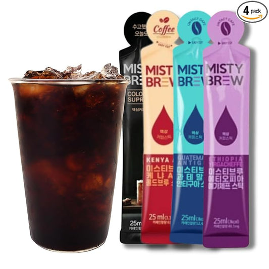 Cold Brew Coffee Concentrate liquid, Single Serve Coffee Sticks, MistyBrew, Imported from Korea, 4 flavors, Premium coffee (4 sticks, Mix)