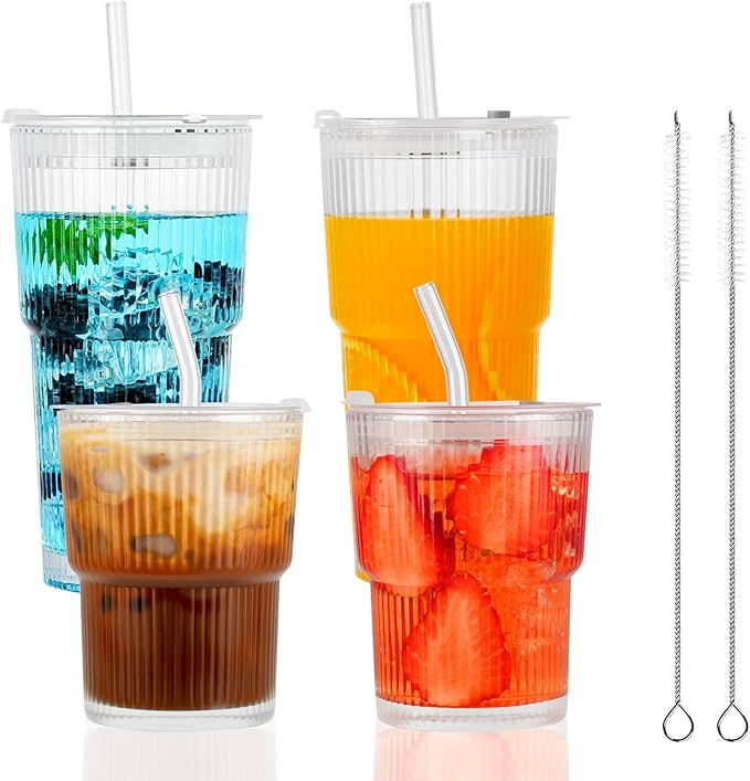 4 Pack 14&20 Oz Glass Cups with Lids and Straws Iced Coffee Cups Vintage Ribbed Glassware for Beer Ice Coffee Fruit Juice Elegant Aesthetic Cup Glass Iced Coffee Tumbler Include 2 Cleaning Brushes