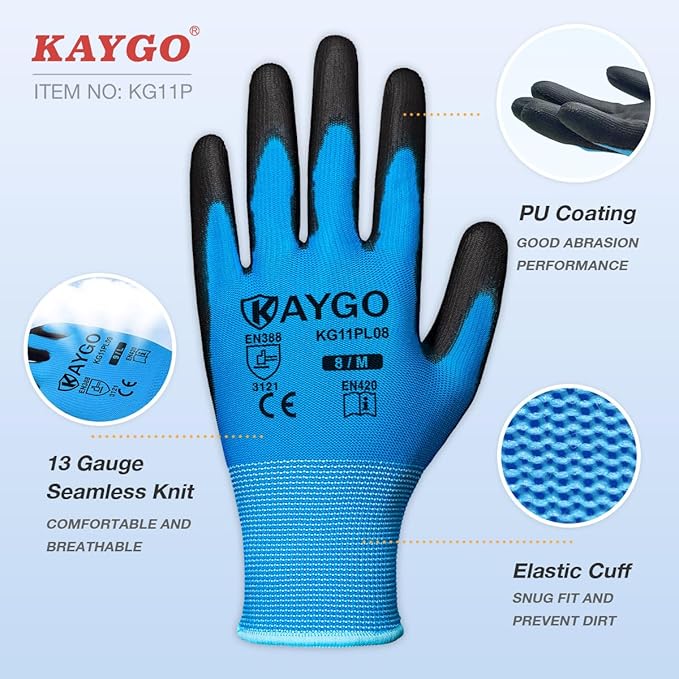 KAYGO Safety Work Gloves PU Coated-60 Pairs, KG11PB, Seamless Knit Glove with Polyurethane Coated Smooth Grip on Palm & Fingers, for Men and Women (Small, blue)