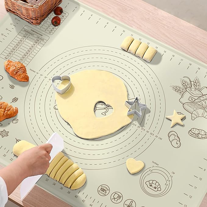 Silicone Baking Mat 24" x 16", Extra Thick Silicone Pastry Mat with Measurements and Edge Heightening, Non-stick Food Grade Dough Rolling Matfor for Pastry, Bread, Cookies, Pizza, Fondant, Pasta