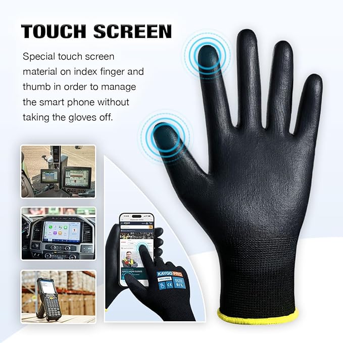 KAYGO Safety Work Gloves PU Coated for Men and Women- KG11P,12 Pairs,Seamless Knit Glove with Two Fingers Touchscreen,Ideal for General Duty Work (Green,XL)