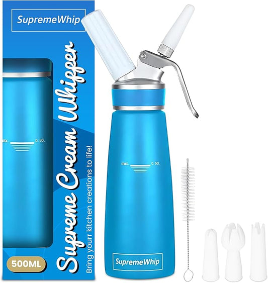PRO Cream Dispenser, Durable High-Grip, Metal Lid with Rubber, 3 Nozzles, for Hot/Cold Use, Cleaning Brush Included, Blue - 500 ml / 1 Pint