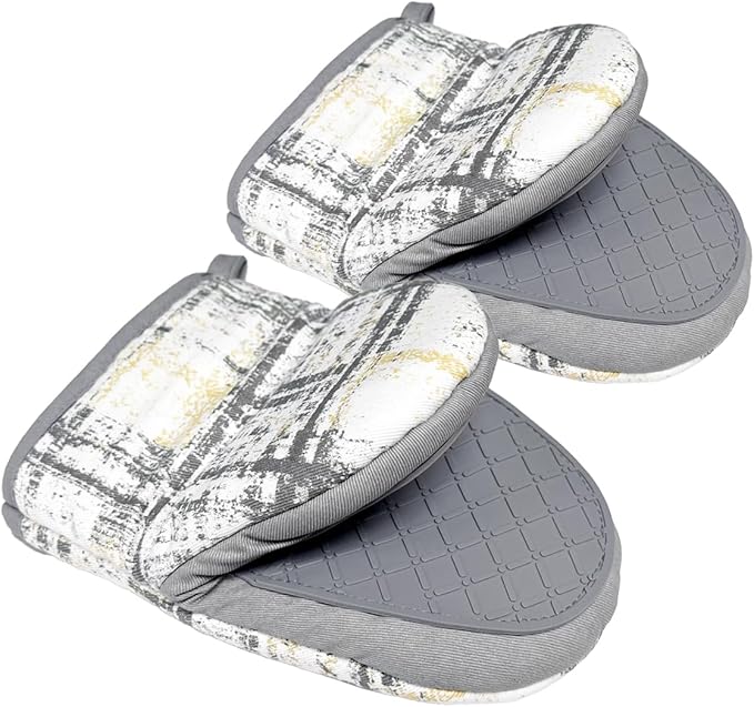 Mini Silicone Oven Mitts, Heat and Slip Resistant Kitchen Gloves 2-Pack Set, Vintage Plaid Soft Oven Mittens, Flexible Pot Holders for Cooking Baking and Grilling (Vintage Grey)