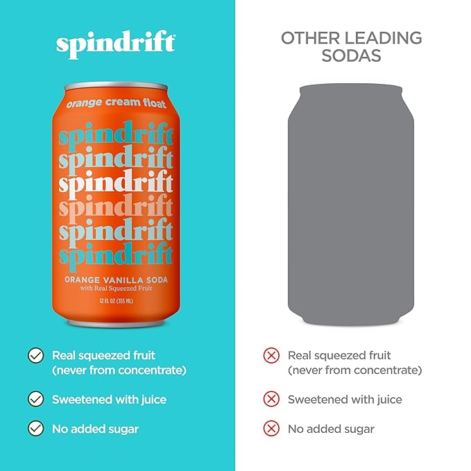 Spindrift "Orange Cream Float" Orange Vanilla Soda Made with Real Squeezed Fruit 12 Pack Case