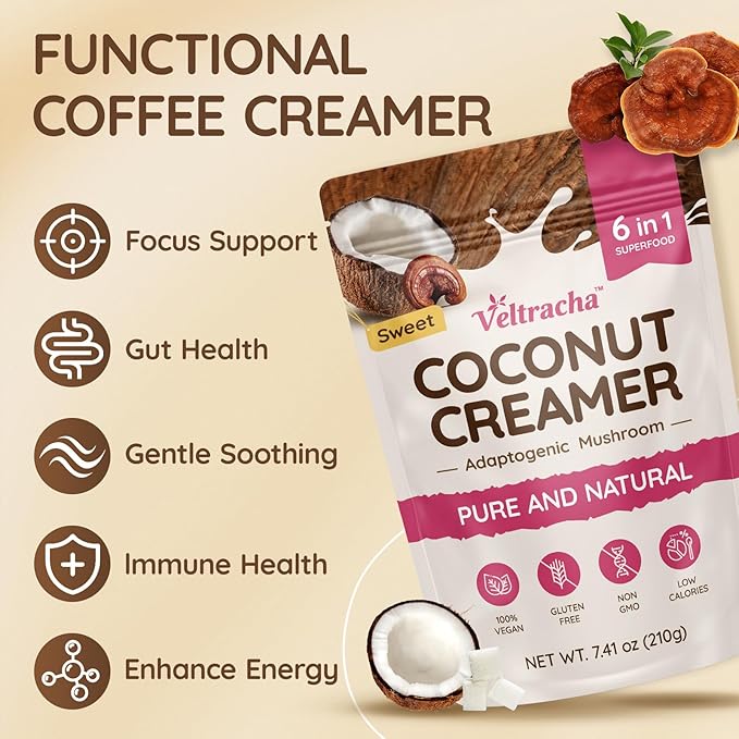 Veltracha Mushroom Coffee Creamer, Superfood Coconut Creamer Powder with 6 Adaptogenic Mushrooms - Reishi, Turkey Tail, Lions Mane, Non-Dairy Coconut Powdered Creamer for Energy & Focus & Digestion, 30 Servings, Sweet