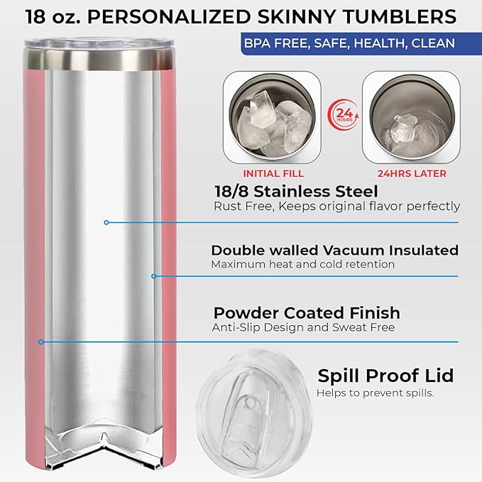 Personalized 20oz Skinny Tumbler: Engraved, Stainless Steel, Insulated, Leak-Proof Lid & Straw, Hot/Cold for Hours, Ideal for Coffee, Water, Wine, Gift for Birthdays, Weddings, Holidays, (25 designs)