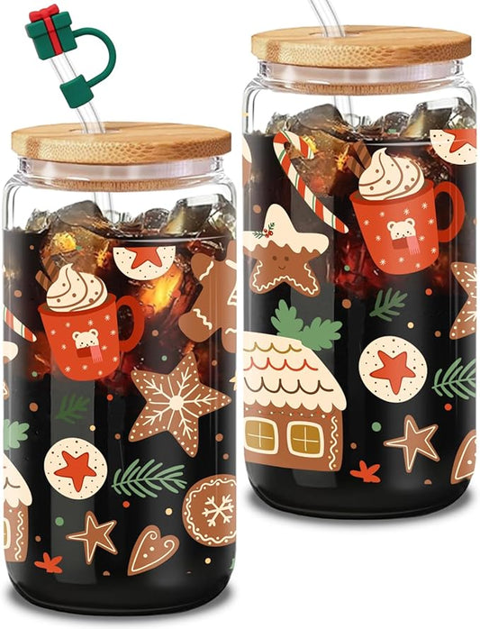 Christmas Glass, 16 Oz Winter Iced Coffee Glass with Straw and Lid, Festive Winter Theme, Perfect for Christmas and Holiday Celebration Decorations (One)