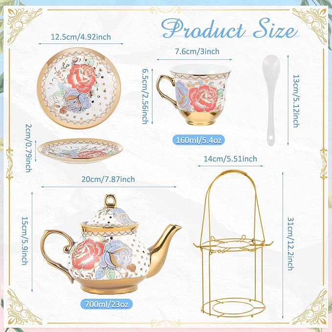 Zhehao 20 Pcs Porcelain Tea Set with Metal Holder and Spoon Adult Ceramic Tea Party Set European Flower Painting Teapot Cup Saucer Spoon Set for Women, Large Version(Romantic Style)