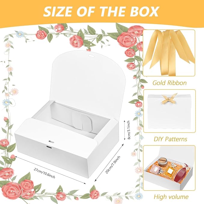 Elegant 12Pack White Gift Boxes with Lids, 12x9.8x3.1 Inch, Ribbon, Wedding, Birthday, Party, Christmas, Bridesmaid Proposal Box