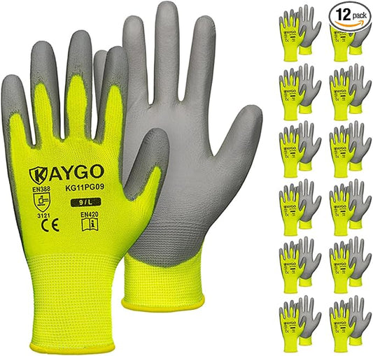 Safety Work Gloves for Men and Women PU Coated, 12 Pairs Seamless Knit Glove with Thin Polyurethane Coated Smooth Grip on Palm&Fingers, Ideal for General Light Duty Work, KG11PB Green,Large