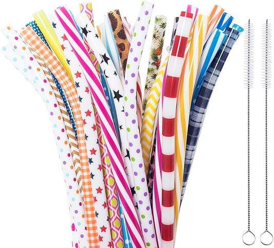 50 Pack Bent Reusable Straws, BPA-Free, 9" Colorful Hard Plastic Stripe Drinking Straw for Mason Jar Tumbler, Family or Party Use With Cleaning Brush