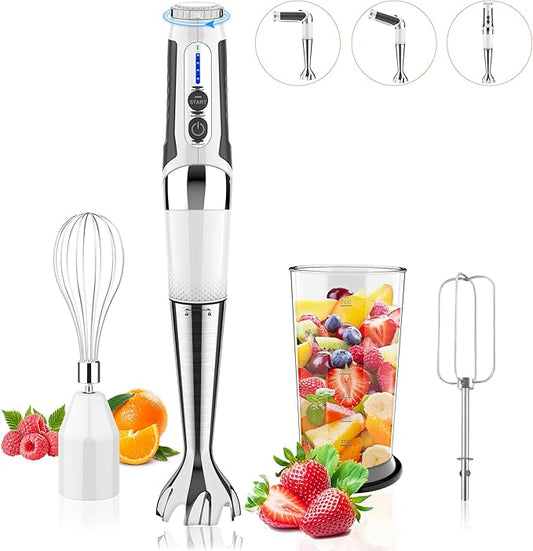 Cordless Immersion Blender Handheld: 3-in-1 Rechargeable Electric Hand Blender Stick, 21-Speeds & 3-Angle Adjustable with 700ml Beaker, Egg Whisk and Beater for Smoothies, Soup,Puree,Baby Food (White)