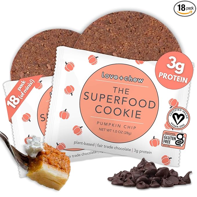 Love + Chew Superfood Soft Baked MINI Cookies, Pumpkin Chip Flavor, Plant Based Cookie Made With Almonds & Dark Chocolate for Kids and Adults, Vegan Snacks, Gluten Free, Paleo, Non GMO, 18 Pack