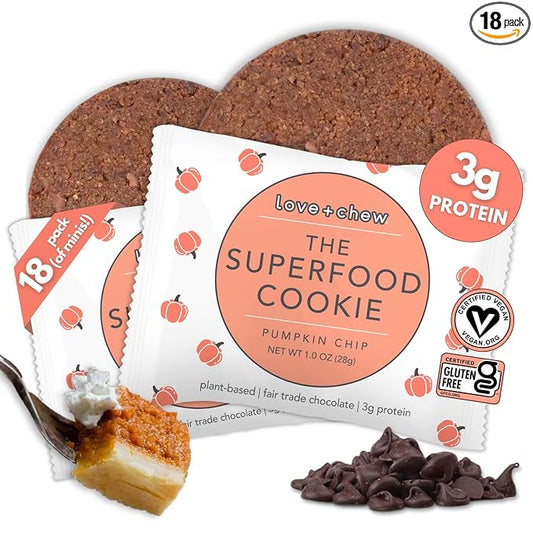 Love + Chew Superfood Soft Baked MINI Cookies, Pumpkin Chip Flavor, Plant Based Cookie Made With Almonds & Dark Chocolate for Kids and Adults, Vegan Snacks, Gluten Free, Paleo, Non GMO, 18 Pack