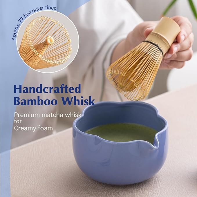 Matcha Set, 8Pcs Floral Ceramic Matcha Set with Matcha Whisk, Holder, Scoop, Scoop Rest, Sifter, Spoon and Tea Towel - Thoughtful Matcha Whisk Set Gift for Matcha Lovers (Blue)
