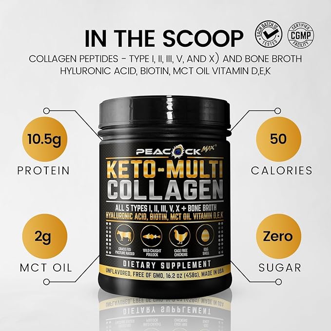 Keto Multi Collagen Peptides 16.2 oz - Bone Broth Protein Powder, with 5 Types Hydrolyzed Collagen, MCT Oil & Biotin for Skin, Joints, Hair & Nails, Unflavored Collagen Powder