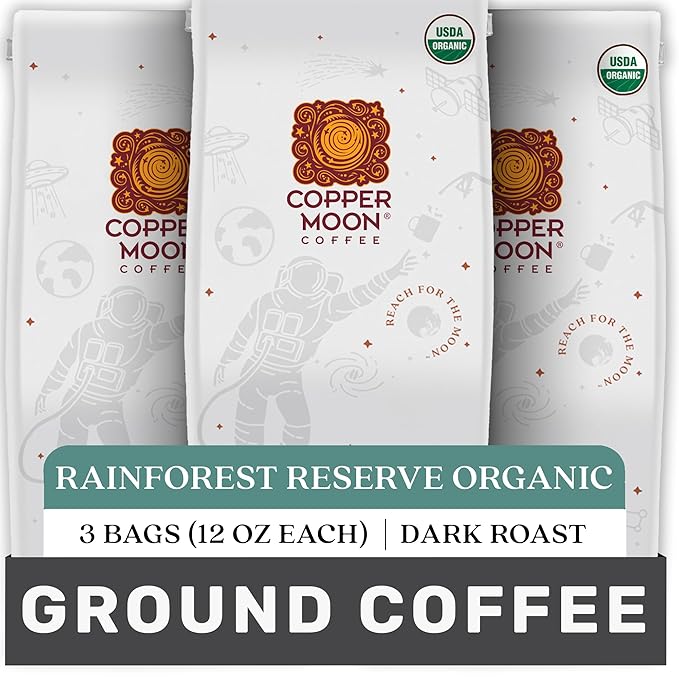 Copper Moon Ground Coffee, Organic Rainforest Reserve, Dark Roast, 3 Bags (12 oz. Each)