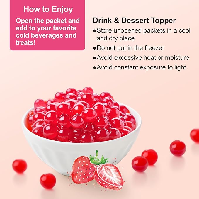 J WAY Bursting Popping Strawberry Boba Pearls, Strawberry Syrup, Non-Dairy, Fat-Free Popping Tapioca Boba for Beverages, Sweets, Ice Cream, 1.8oz (Pack of 6)