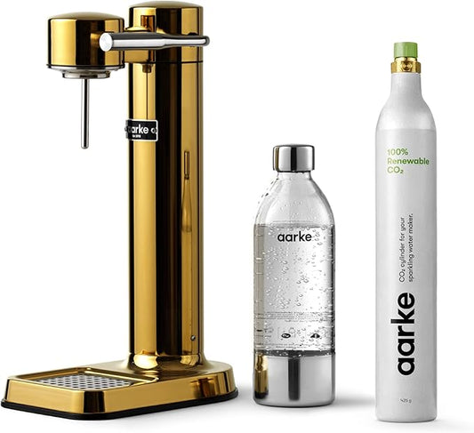 Aarke Carbonator lll with CO2 Cylinder, Sparkling & Carbonation Water Machine, Stainless Steel with PET BPA-Free Reusable Bottle Volume 1L/34 fl oz (Gold)