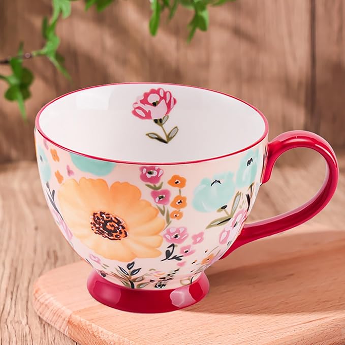 Vintage Flower Mugs – Large Ceramic Coffee Mug (15oz) – Cute Cereal Cup for Breakfast, Oatmeal Tea & Hot Drinks – Handmade Ceramic Cup with Floral Design