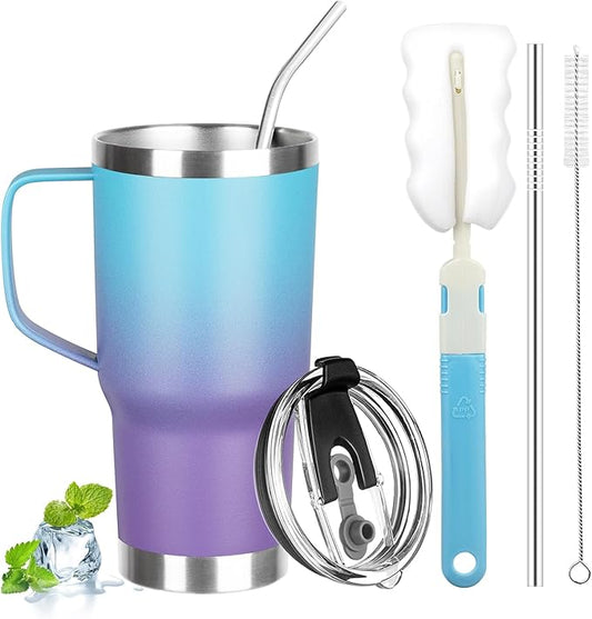 20 oz Tumbler with Handle, Stainless Steel Insulated Tumbler with Lid and Straw, Double Wall Vacuum Coffee Mug Tumbler, Insulated Coffee Thermal Cup for Cold and Hot (Blue Purple, 20 Ounces)