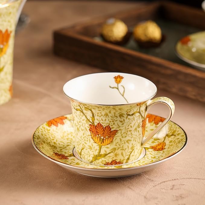 ACMLIFE Tea Set for Adults- Fine China Tea Set for 6, 21-Piece Vintage British Coffee Set English Porcelain Tea Pot Sets for Adult Tea Party for Women Gift (Tulip Yellow, Extra Large 21)