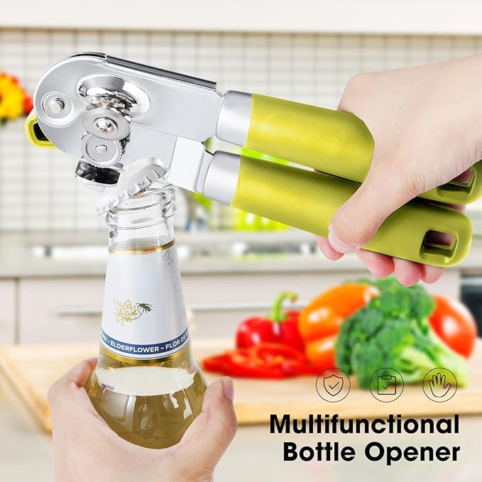 Beneno Can Opener Manual with Magnet, Hand Held Heavy Duty Can Opener with Durable Sharp Blade Smooth Edge, Big Effort-Saving Knob, Soft Grip Rubber Handle, Multifunctional Bottle Opener, Lime Green