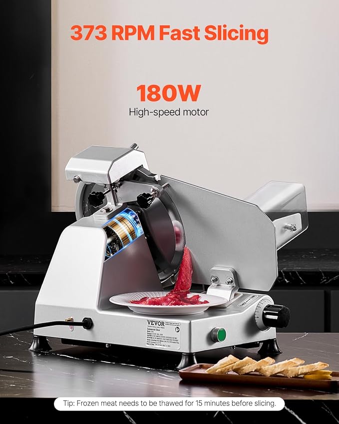 VEVOR Commercial Meat Slicer, 10 inch Electric Deli Food Slicer, 180W Meat Cutter with a Premium 65Mn Blade, 0-0.4 inch Adjustable Thickness, Food Slicer Machine for Meat Vegetables Hard Bread Cheese