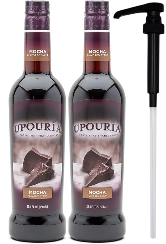 Upouria Mocha Coffee Syrup Flavoring, 100% Vegan, Gluten-Free, Kosher, 750 mL Bottle (Pack of 2) with Coffee Syrup Pump