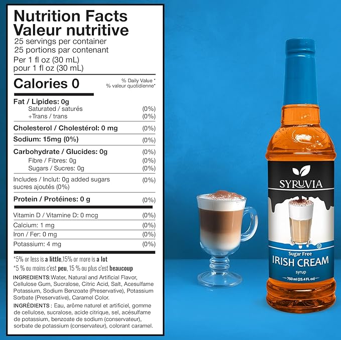 Syruvia Sugar Free Coffee Syrup, Irish Cream Flavored Syrup for Drinks, Lattes, and Desserts – 25.4 fl oz