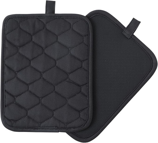 Glynniss Anti-Slip Grip Pot Holder for Kitchen, Cotton Oven Hot Pads Set with Neoprene for Heat Resistant 450F, 7x9 Inches Potholder Machine Washable 2PCS (Black, 2)