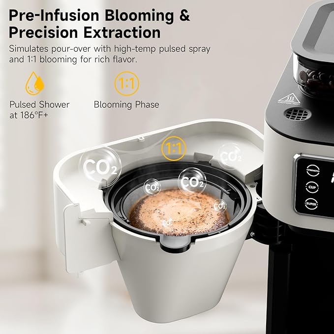 Drip Coffee Maker with Built-in Grinder, 10-Cup Programmable Brew Coffee Machine with Timer, Touch Screen, Self-Cleaning, Reusable Filter, 1.5L Removable Water Tank, Warming Plate, White