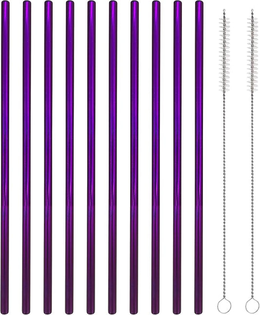 10 Pcs Stainless Steel Straws, Reusable Drinking Straws, Straight Metal Straw Sets with 2 Pcs Cleaning Brushes (8.5 Inch, Purple)