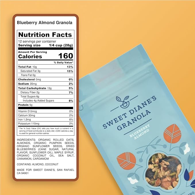 Sweet Diane’s Granola – Standard Size (12 oz): Organic Granola, Low-Sugar, High-Fiber, Gluten-Free, Vegan, Delicious Breakfast and Snack Topper (Classic Size, Blueberry Almond)
