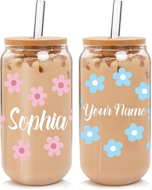Personalized Glass Cup with Names-Custom Cup Can Shaped Glass with Lids and Straws18OZ Iced Coffee Cups-Gifts for Mothers Day Women Friend (Flower-name)