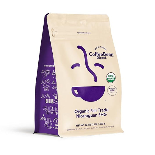Coffee Bean Direct Organic Fair Trade Nicaraguan SHG, Whole Bean Coffee, Light Roast, 1 Pound Bag (Pack of 1)