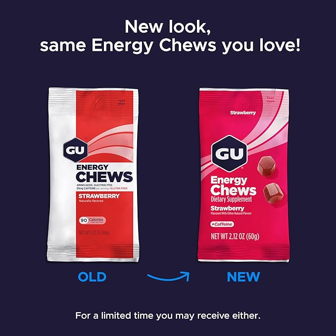 GU Energy Chews, Strawberry Energy Gummies with Electrolytes, Vegan, Gluten-Free, Kosher, 20 mg of Caffeine, and Dairy-Free On-the-Go Energy for Any Workout, 12 Bags (24 Servings Total)