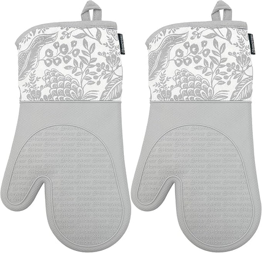Delaney Silicone Oven Mitts Set - Extra Long, Heat Resistant Kitchen Gloves, Non-Slip Holders for BBQ, Baking, Cooking Essentials, Grey Toile, Kitchen Decor, Oven Gloves, New Home Gifts