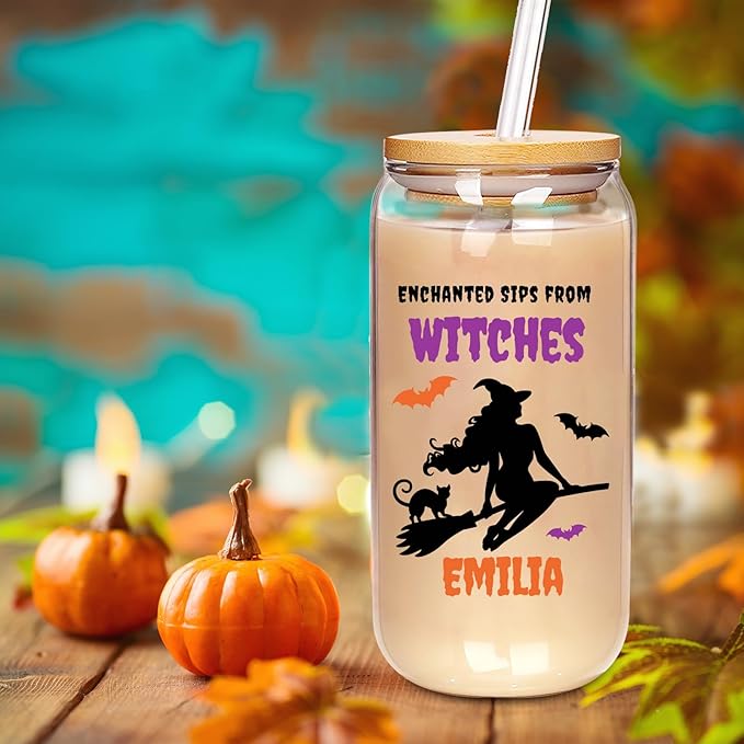 Personalized Halloween Tumbler for Witches-Boo Basket Stuffers- Can Shaped Glass with Lids and Straws18OZ -Halloween Gifts for Women Kids Daughter