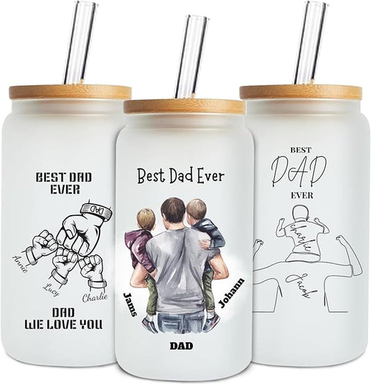 Mason Life Personalized Glass Cup with Name-Can Shaped Glass with Lids and Straws-18OZ Iced Coffee Cups (DAD)
