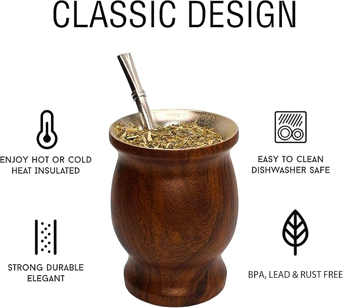 LA FEE Yerba Mate Natural Gourd/Tea Cup Set Brown (Original Traditional Mate Cup - 8 Ounces)，Includes Yerba Mate Straw & Cleaning Brush，Stainless Steel | Double-Walled | Easy to Clean (Brown)