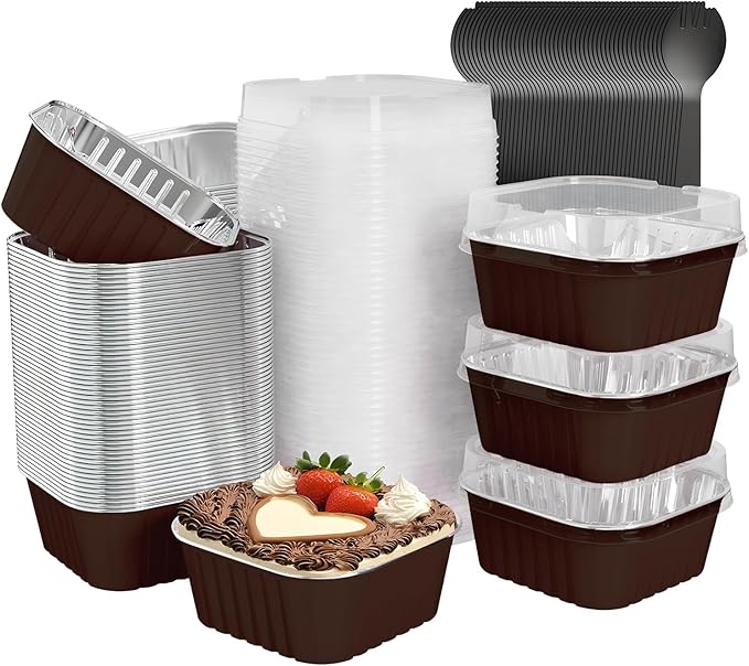 100 Pack Square Mini Cake Pans with Lids,Mini Loaf Pans with Lids,Aluminum Foil Baking Cups,Disposable Ramekins Cupcake Cups,Dessert Cups for Wedding Birthday Party Picnics,5oz (Coffee)