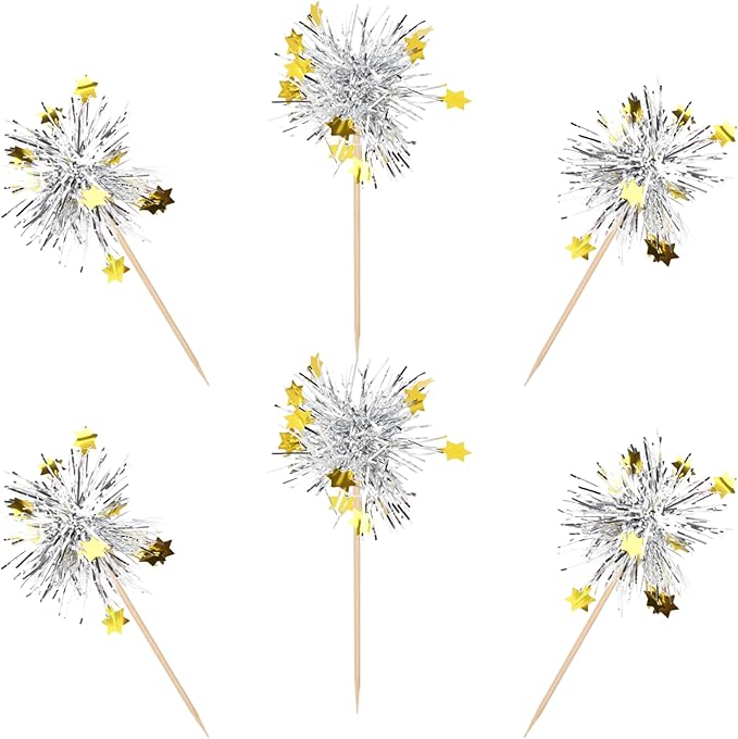 30 PCS Foil Firework Cupcake Toppers Happy Birthday Star Cupcake Picks Sparkle Tinsel Drink Stirrers Cocktail Fruit Toothpicks for Valentine's Day Wedding Birthday Party Decorations Supplies Silver