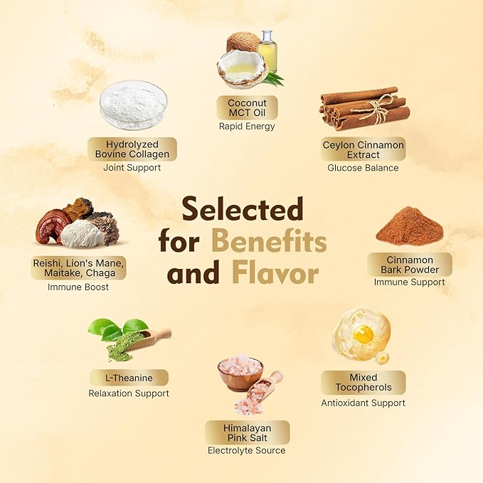 Veltracha Coffee Supplement, Spice Collagen Creamer Cinnamon, L-Theanine & 4 in 1 Functional Mushrooms, Non-Dairy, Sugar Free & Keto-Friendly MCT Creamer for Energy & Gut Health, 30 Servings